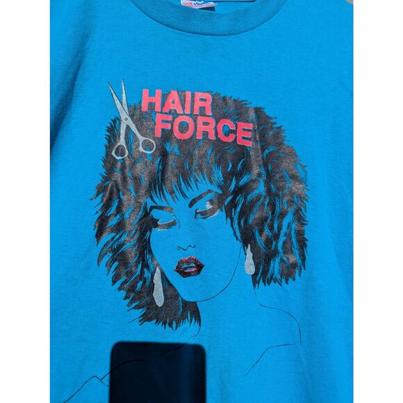 Hair Force retro style t shirt hairspray L short sleeve blue beauty top - Picture 2 of 4